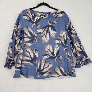 'S MaxMara Blouse Womens 8 Blue Beige Floral Ramie Ruffle Sleeve Top 100% Ramie